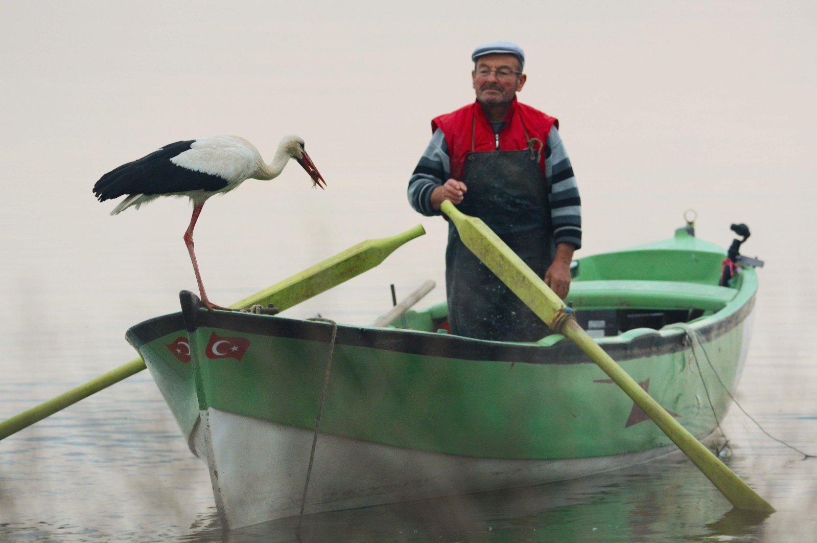 An undated photo showing Adem Yılmaz and Yaren the stork on Yılmaz's small boat. (İHA Photo)