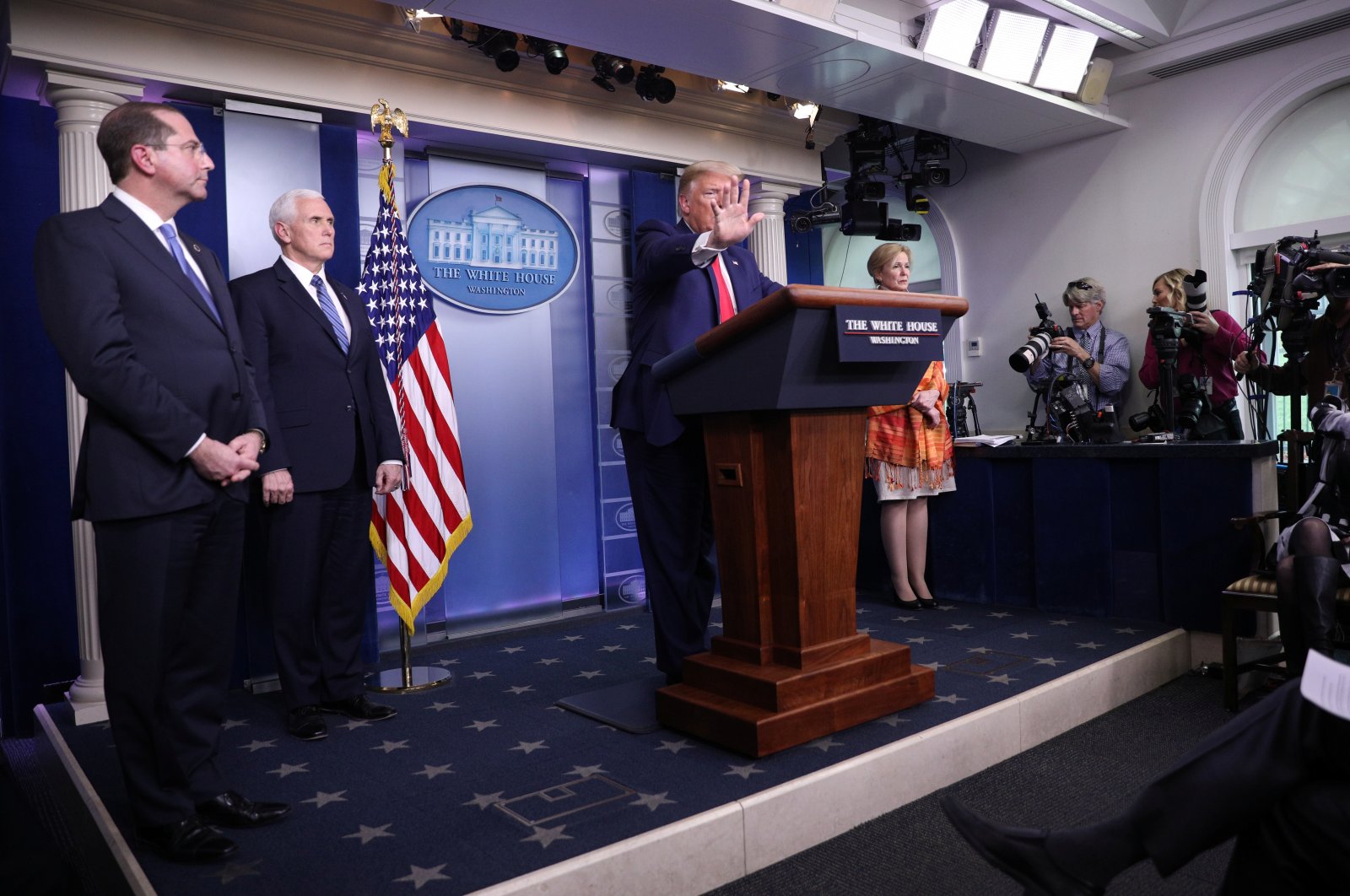 U.S. President Donald Trump puts his hand up to stop a followup question from CNN chief White House correspondent Jim Acosta as he leads the daily coronavirus task force briefing with Secretary of Health and Human Services Alex Acosta, Vice President Mike Pence and White House Coronavirus Response Coordinator Dr. Deborah Birx in the Brady press briefing room at the White House in Washington, U.S., April 3, 2020. (Reuters Photo)