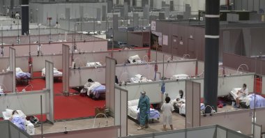 This photo taken on Thursday, April. 2, 2019 shows a general view of a temporary field hospital set at Ifema convention and exhibition in Madrid, Spain. (AP Photo)