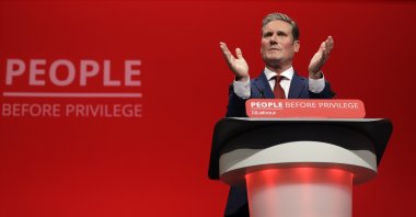 In this Monday, Sept. 23, 2019 file photo, Britain's Shadow Brexit Secretary Keir Starmer speaks on stage during the Labour Party Conference at the Brighton Centre in Brighton, England.(AP Photo)