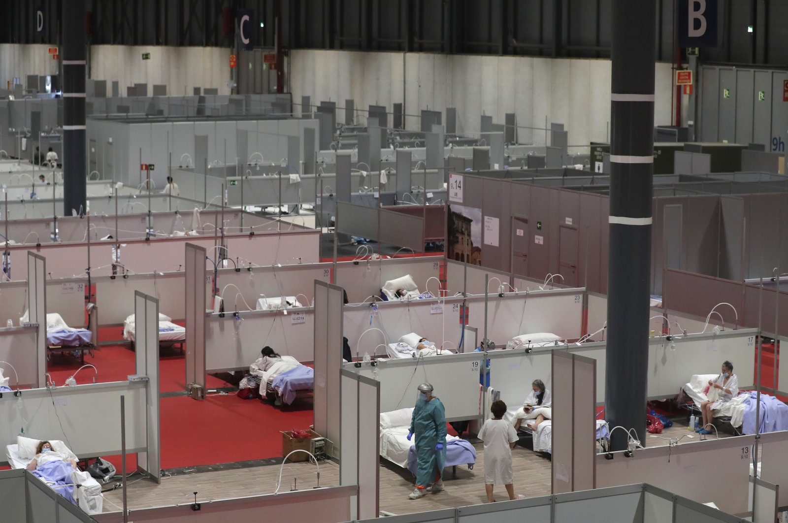 This photo taken on Thursday, April. 2, 2019 shows a general view of a temporary field hospital set at Ifema convention and exhibition in Madrid, Spain. (AP Photo)