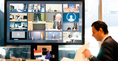 The finance minister of the Netherlands, Wopke Hoekstra, looks on during a videoconference with EU finance ministers in The Hague during discussions on the economic effects of the ongoing coronavirus situation, Tuesday, April 7, 2020.