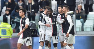 Juventus players celebrate a goal during a Serie A match against Udinese Calcio in Turin, Dec. 15, 2019. (EPA Photo)