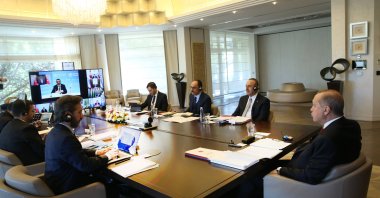 President Recep Tayyip Erdoğan speaks at the Turkic Council teleconference meeting on Friday, April 10, 2020. (DHA Photo)