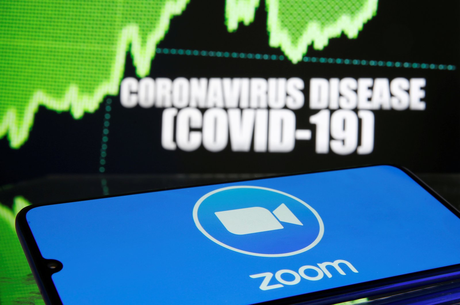 The Zoom logo is seen in front of a COVID-19-related image in this photo taken March 19, 2020. (Reuters Photo)