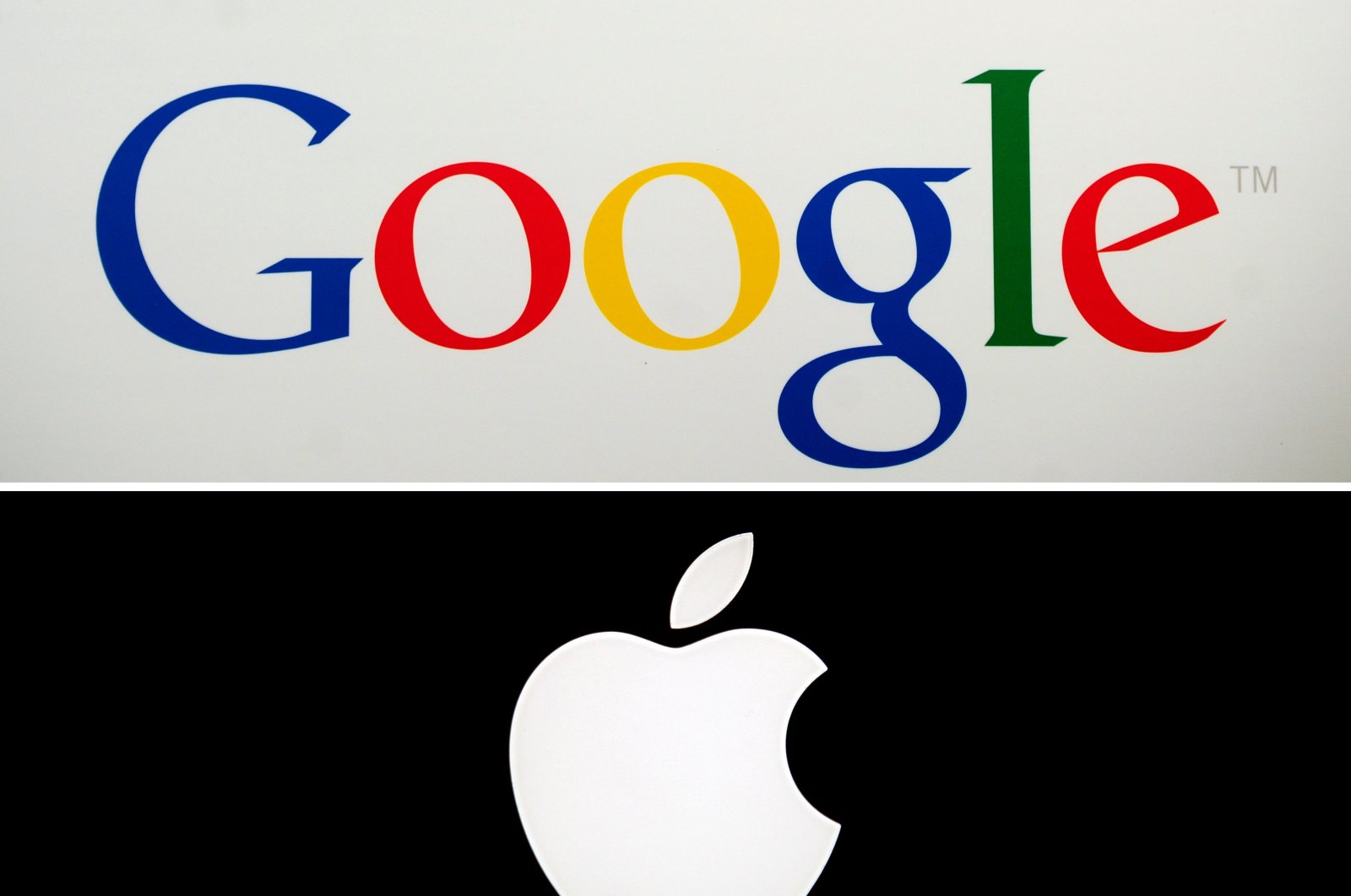  In this combo file photo taken on May 17, 2014, shows Google's logo (top) in New York on May 21, 2012, and Apple's logo in Paris on January 27, 2010. (AFP Photo)