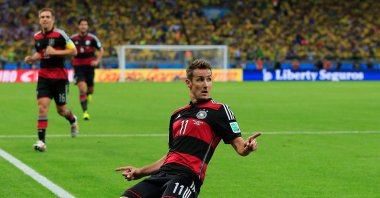 Miroslav Klose celebrates after scoring during the semi-final football match between Brazil and Germany, in Belo Horizonte, Brazil, July 8, 2014. (AFP Photo)