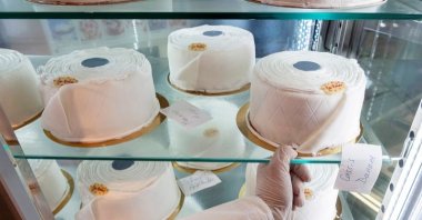 Ice cream cakes in the shape of toilet paper rolls are up for sale at an ice cream shop owned by Pino Cimino in the German town of Rastatt in this undated photo. (DPA PHOTO) 