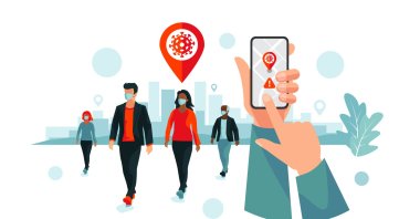 An illustration showing smartphone coronavirus tracking location app with people wearing protection face mask to prevent infection. (iStock Photo)