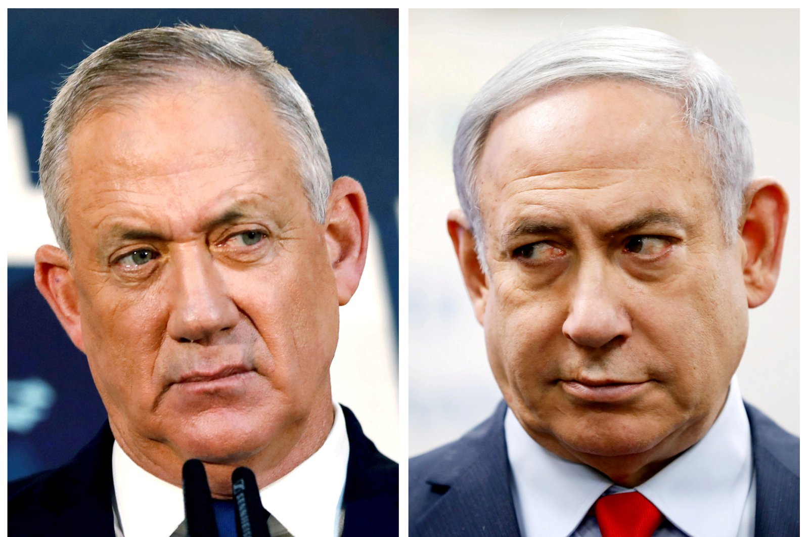 A combination picture shows Benny Gantz, leader of Blue and White party, in Tel Aviv, Nov. 23, 2019 and Israeli Prime Minister Benjamin Netanyahu in Kiryat Malachi, March 1, 2020. (REUTERS Photo)