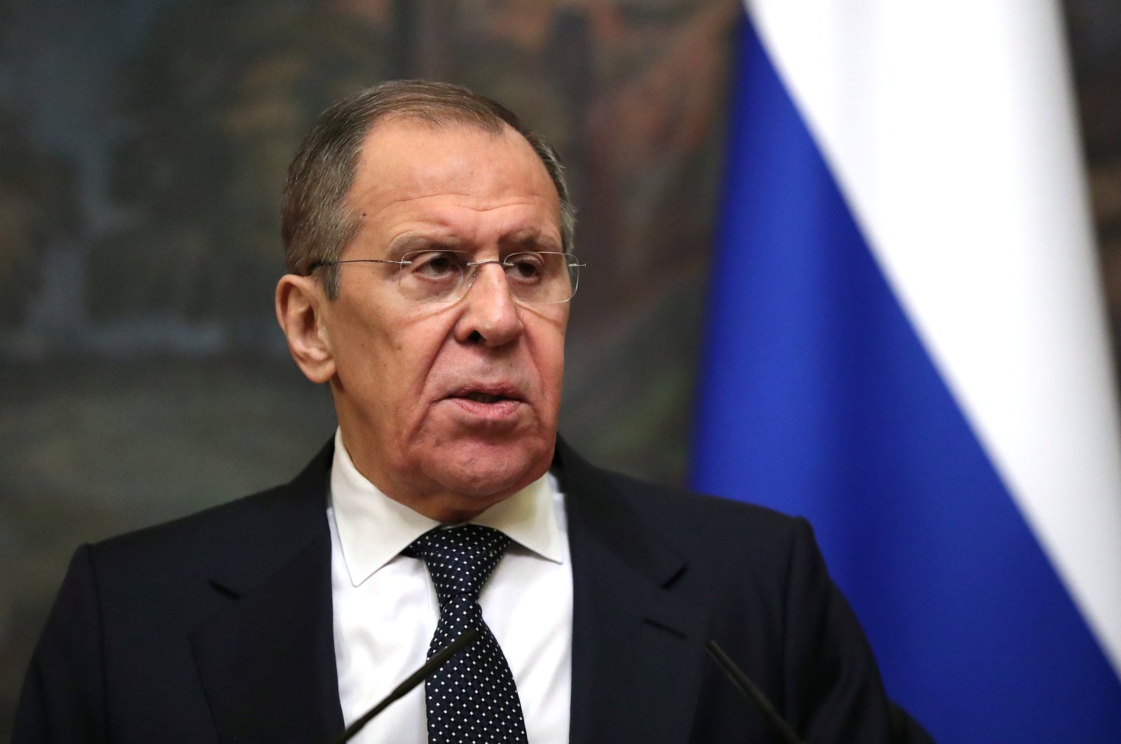 Russian Foreign Minister Sergei Lavrov attends a news conference with his Jordanian counterpart Ayman Safadi following their talks in Moscow, Russia February 19, 2020. (Reuters Photo)