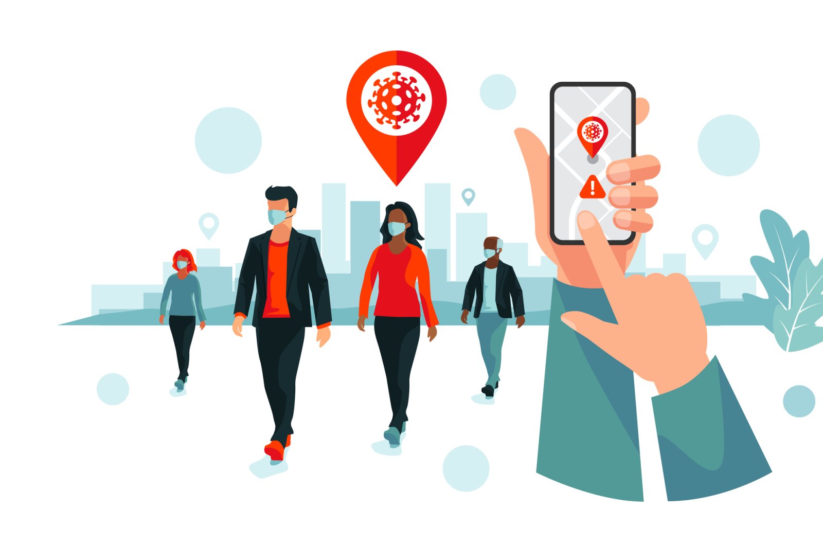 An illustration showing smartphone coronavirus tracking location app with people wearing protection face mask to prevent infection. (iStock Photo)