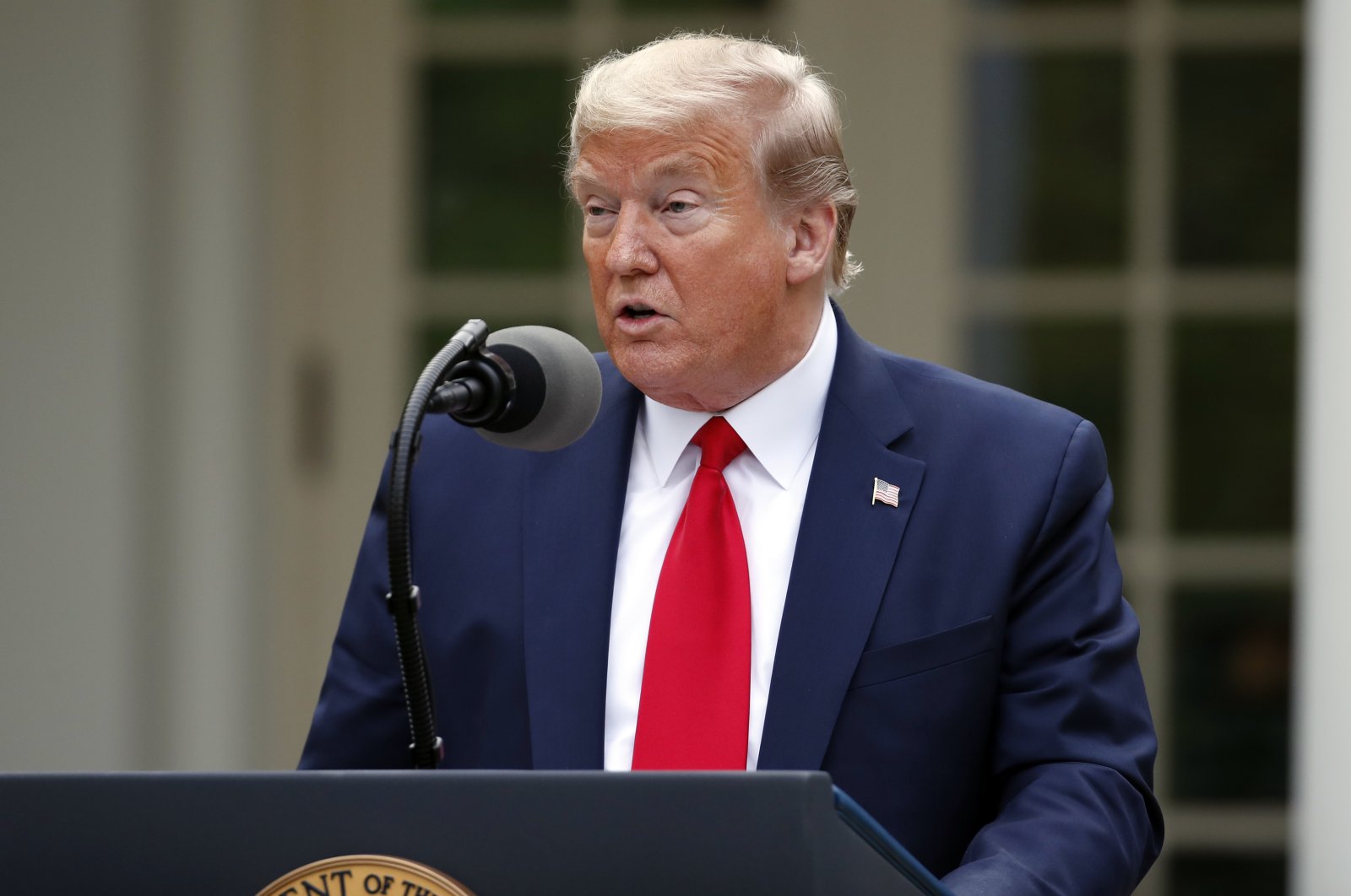 President Donald Trump speaks about the coronavirus in the Rose Garden of the White House, Tuesday, April 14, 2020, in Washington. (AP Photo)