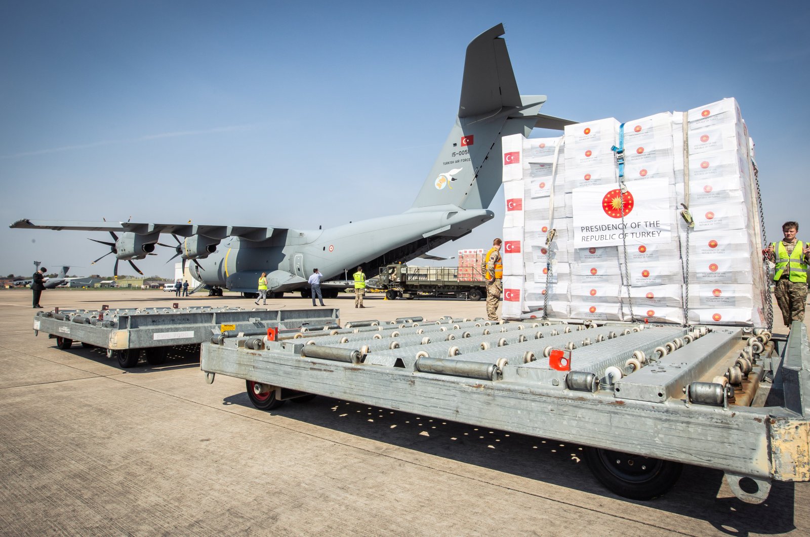 Crucial supplies of personal protective equipment (PPE) for medical staff are delivered from Turkey into a Royal Air Force base for distribution around the country, amid the coronavirus disease (COVID-19) outbreak, in Carterton, Britain, Friday, April 10, 2020. 
