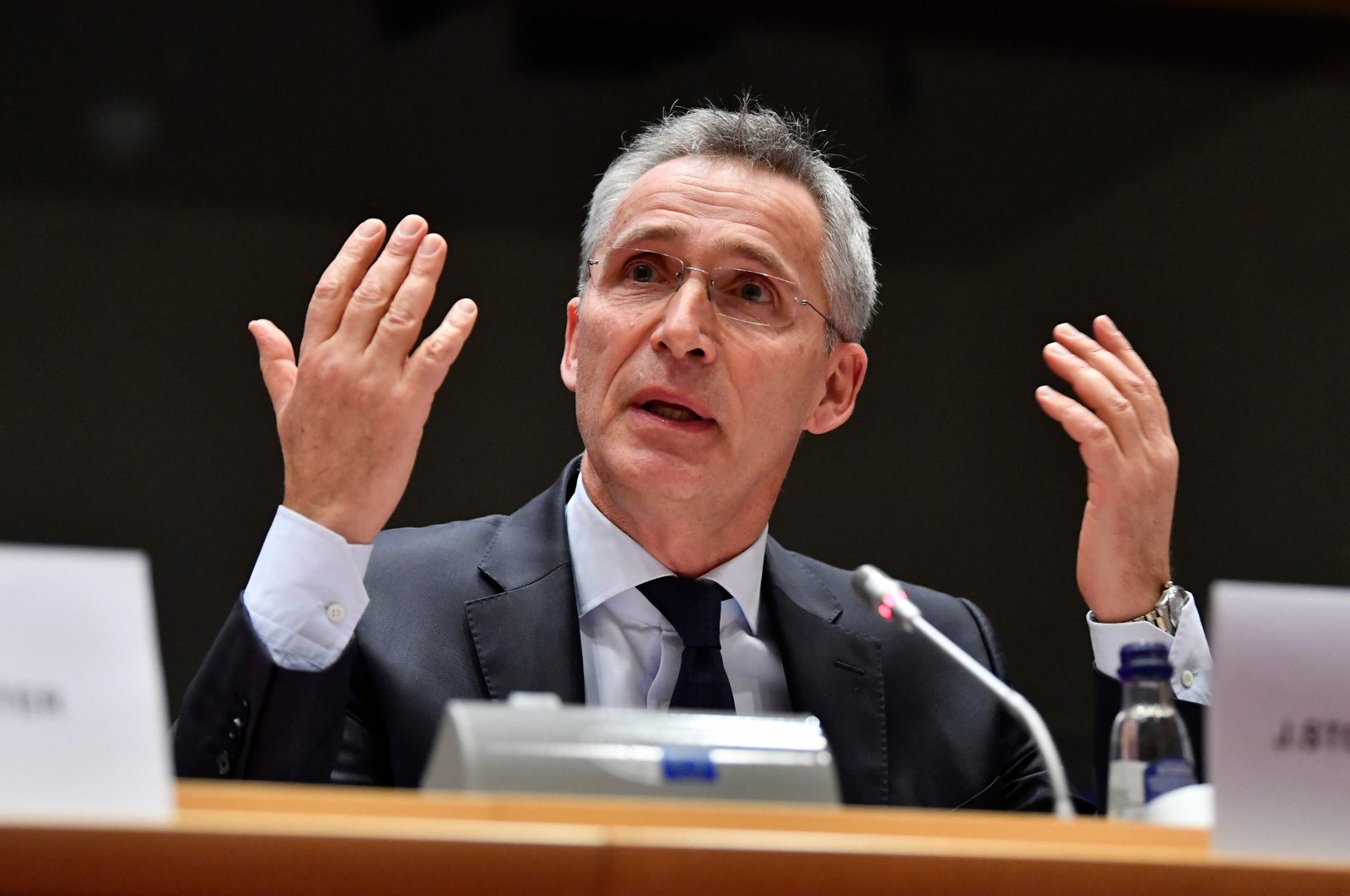 NATO Secretary-General Jens Stoltenberg addresses the European Parliament Committee on Foreign Affairs (AFET) and Subcommittee on Security and Defence (SEDE) at the EU headquarters in Brussels, Jan. 21, 2020. (AFP Photo)