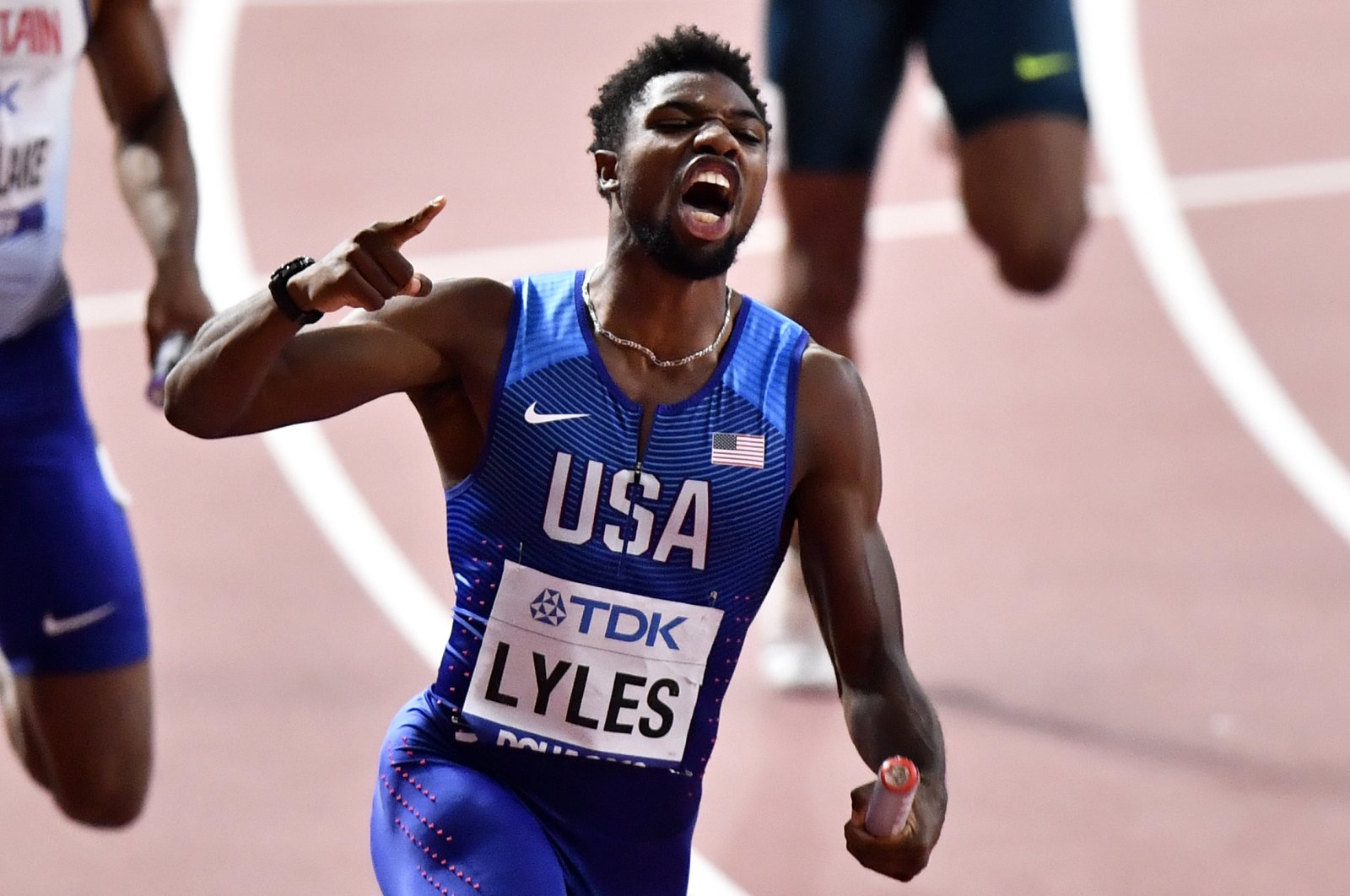 Noah Lyles of the United States reacts after winning the men's 4x100 meter relay final during the World Athletics Championships in Doha, Qatar, Oct. 5, 2019. (AP Photo)