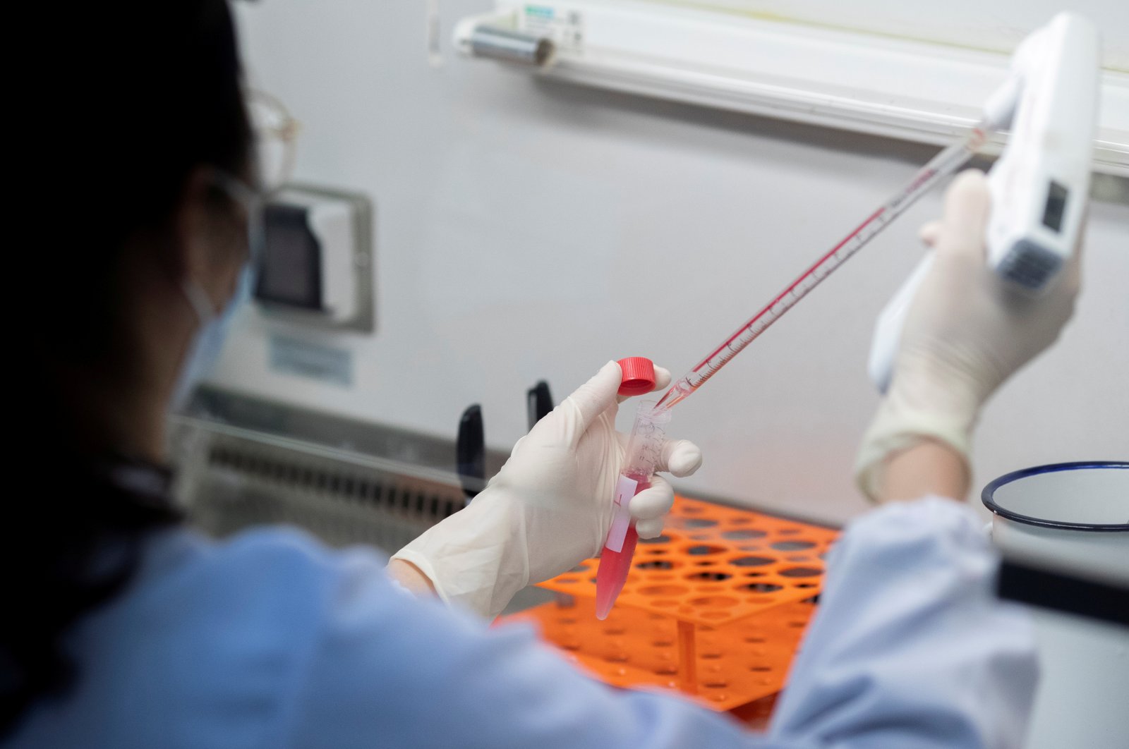 A scientist works in the lab of Linqi Zhang on research into novel coronavirus disease antibodies for possible use in a drug at Tsinghua University's Research Center for Public Health in Beijing, China, March 30, 2020. (Reuters Photo)