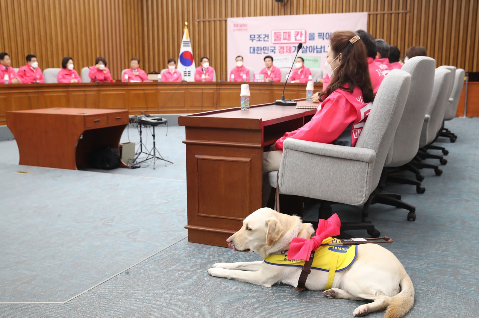 This picture taken on April 13, 2020 shows Kim Ye-ji (front R) of South Korea's minor opposition Future Korea Party and her guide dog Joy attending a party meeting ahead of the parliamentary elections at the National Assembly in Seoul. (AFP/YONHAP Photo) 
