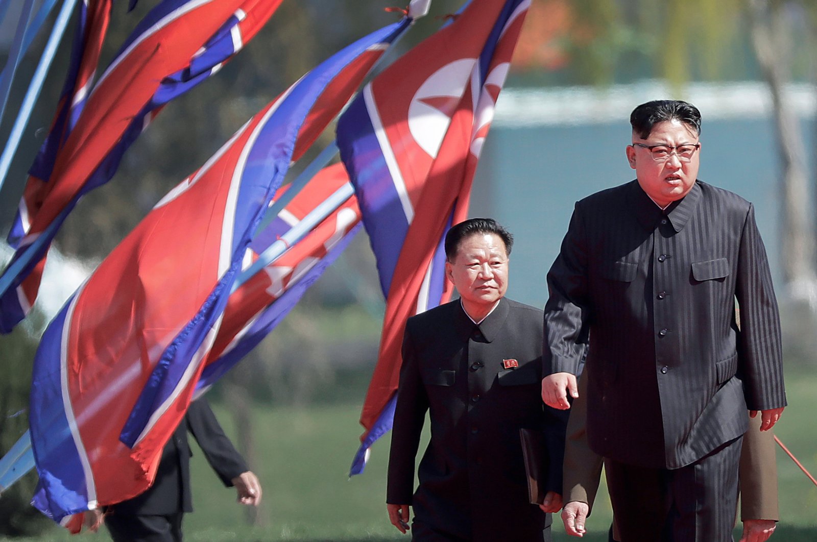 In this April 13, 2017, file photo, North Korean leader Kim Jong Un, right, and Choe Ryong Hae, vice-chairman of the central committee of the Workers' Party, arrive for the official opening of the Ryomyong residential area, in Pyongyang, North Korea. (AP Photo)