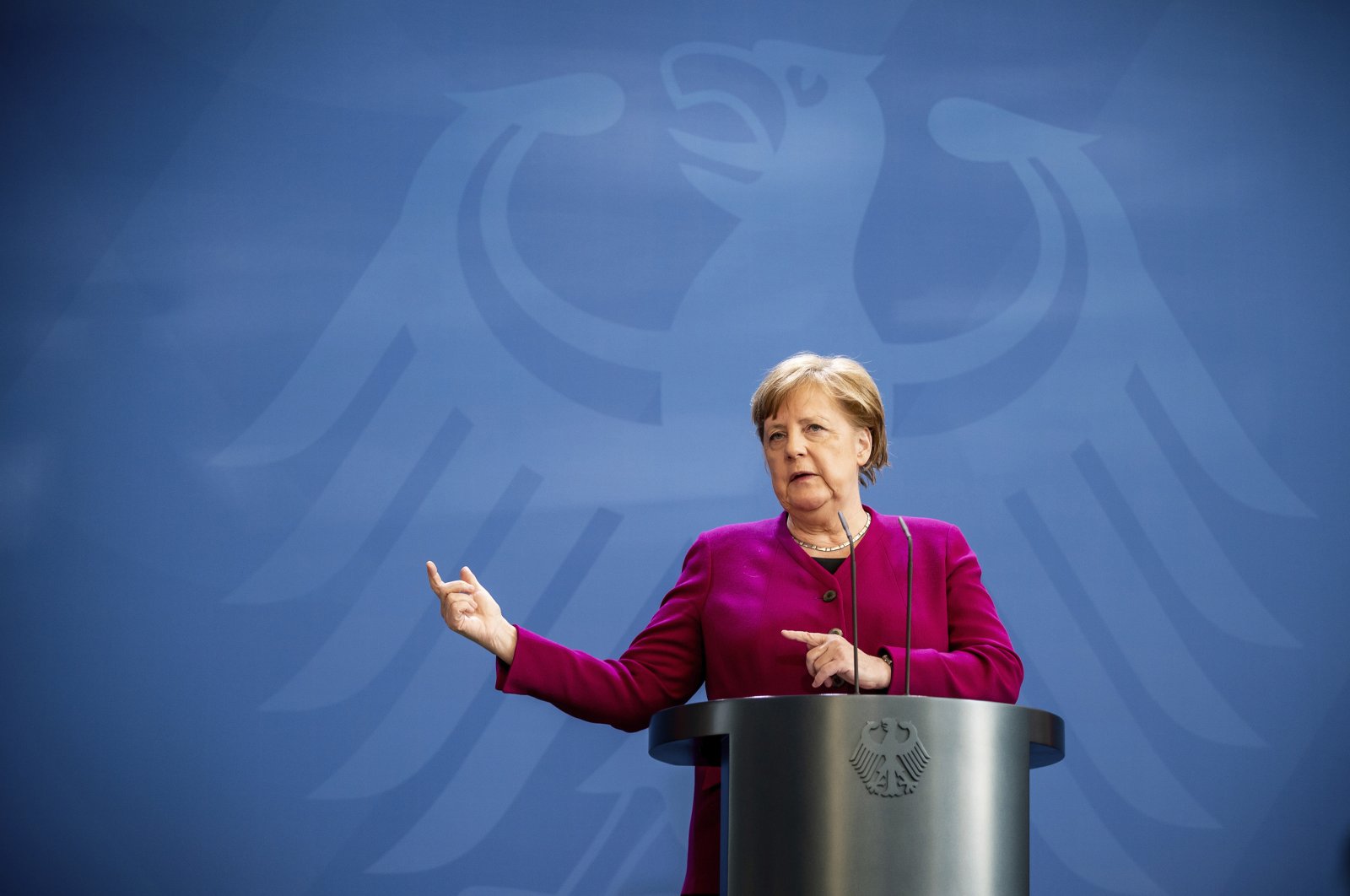 German Chancellor Angela Merkel gives a press conference following the European Council video conference, Berlin, April 23, 2020. (AP Photo)