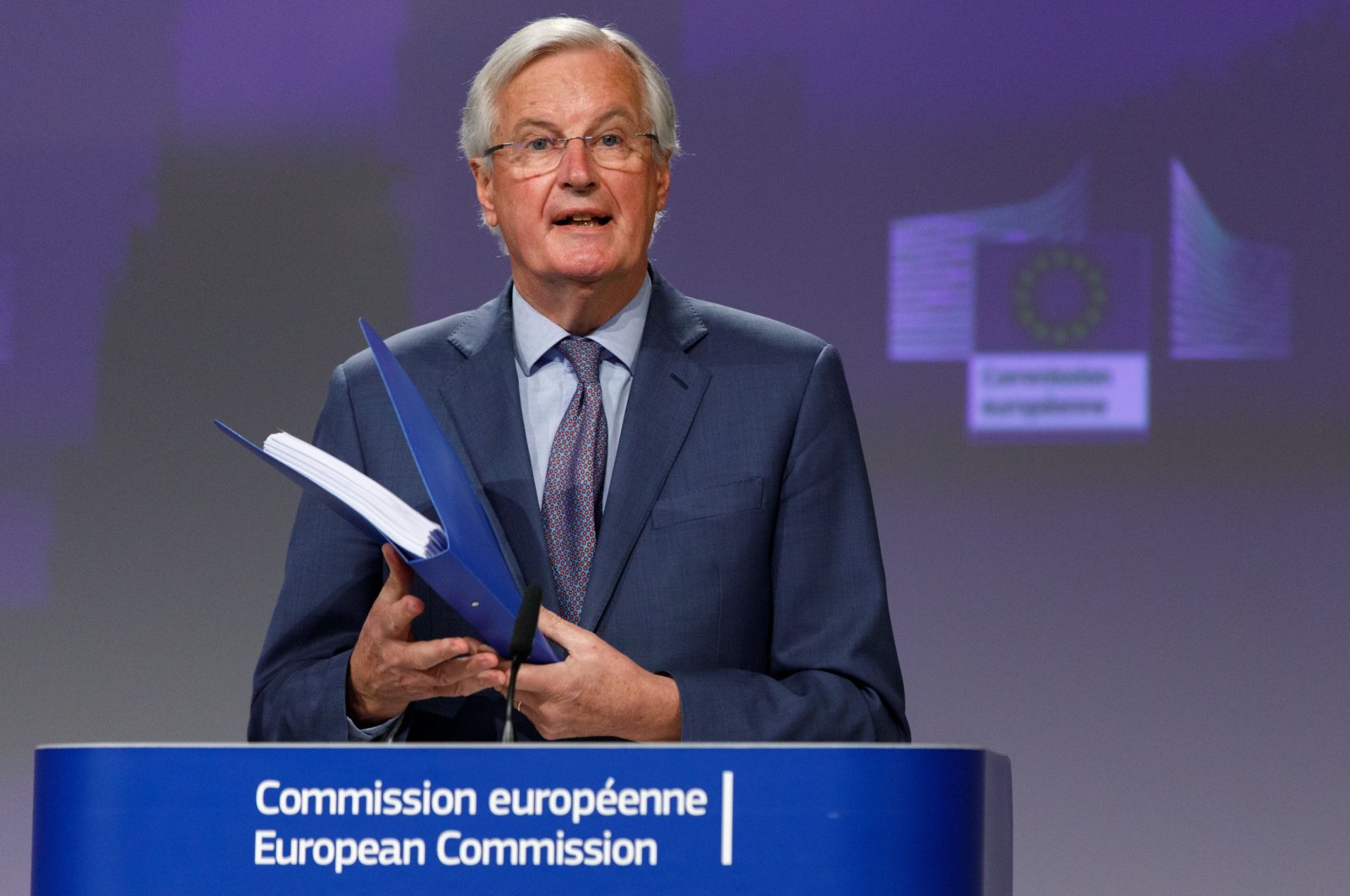 EU Chief Negotiator, Michel Barnier speaks about the trade agreement with the U.K. during a press conference in the European Commission, Brussels, April 24, 2020. (AFP Photo)