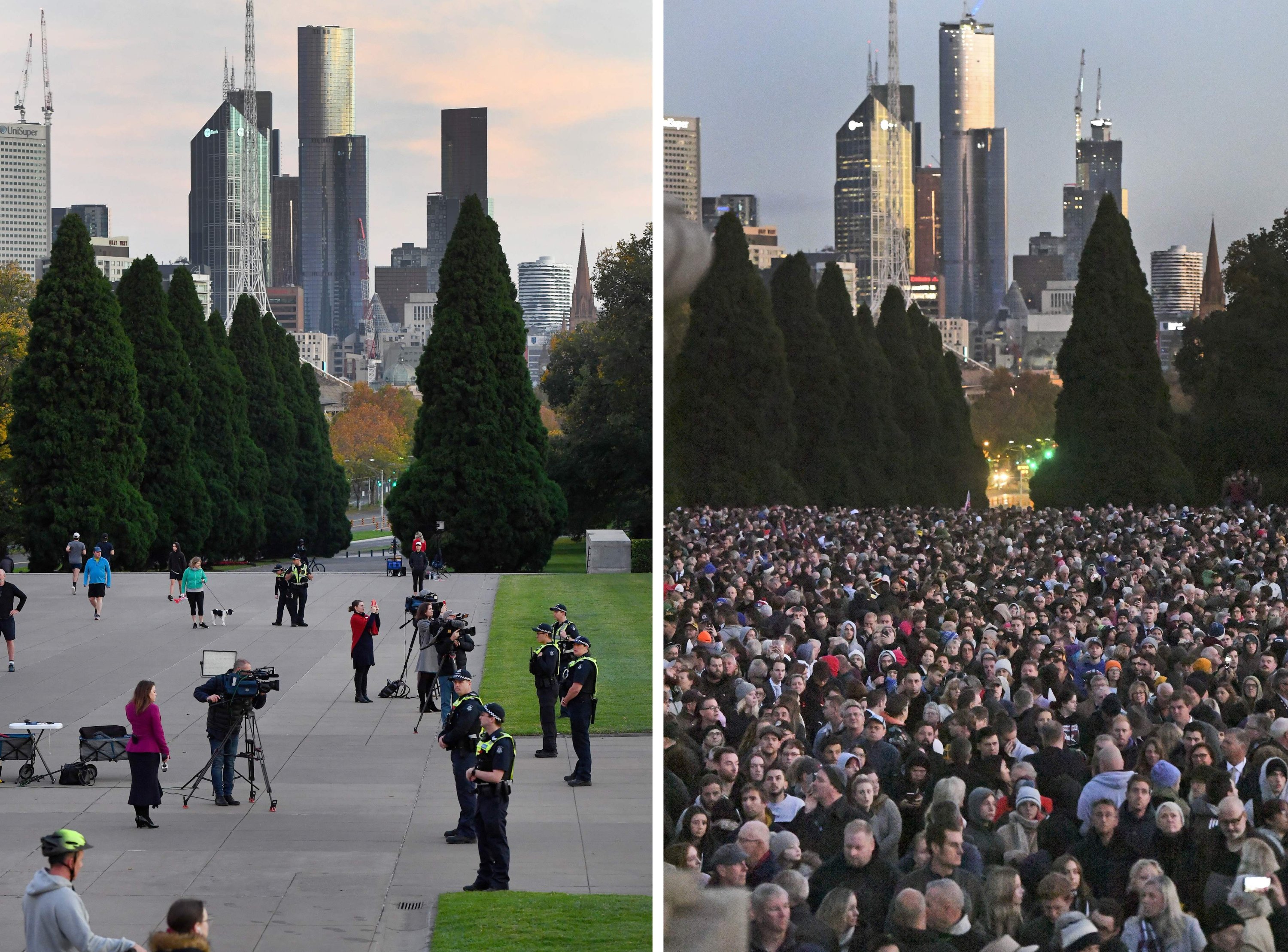This combination image of two pictures show the few people paying their respects during the Anzac Day dawn service at the Shrine of Remembrance in Melbourne on April 25, 2020 (L), as compared to Anzac Day on April 25, 2019 (R). (AFP Photo)