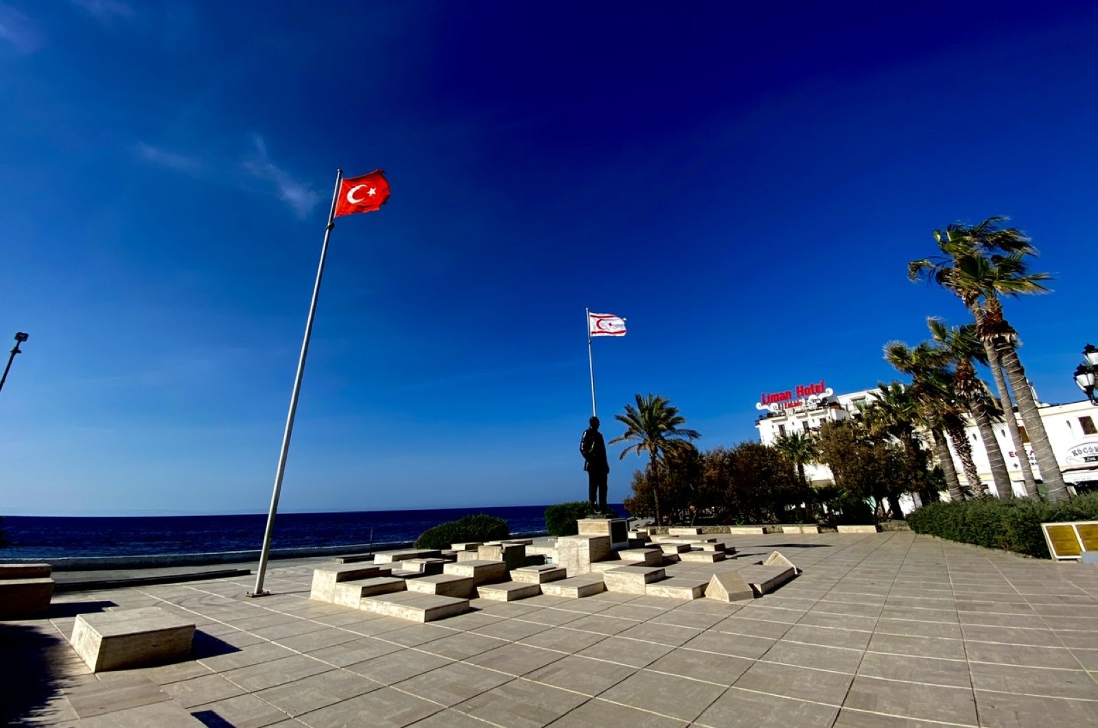 A deserted square, normally bustling with tourists and visitors, is seen in the center of the northern town of Girne, Turkish Republic of Northern Cyprus, April 21, 2020. (DHA Photo)