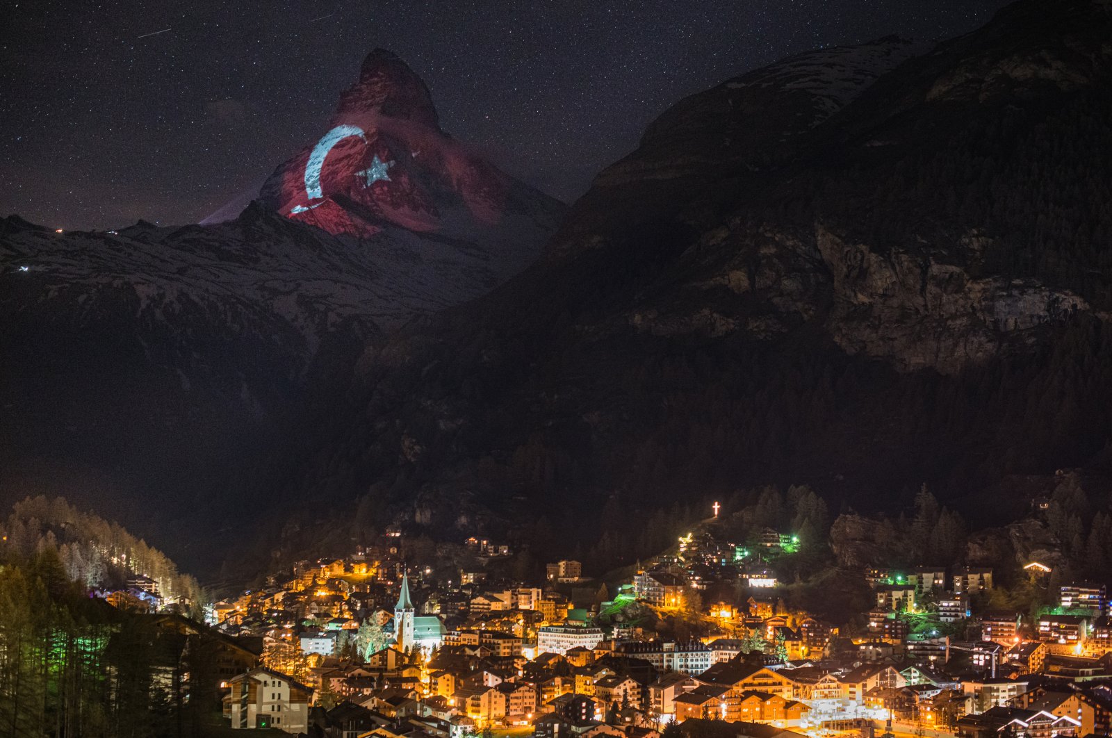Matterhorn mountain illuminated with the Turkish flag, April 25, 2020. (AA Photo)