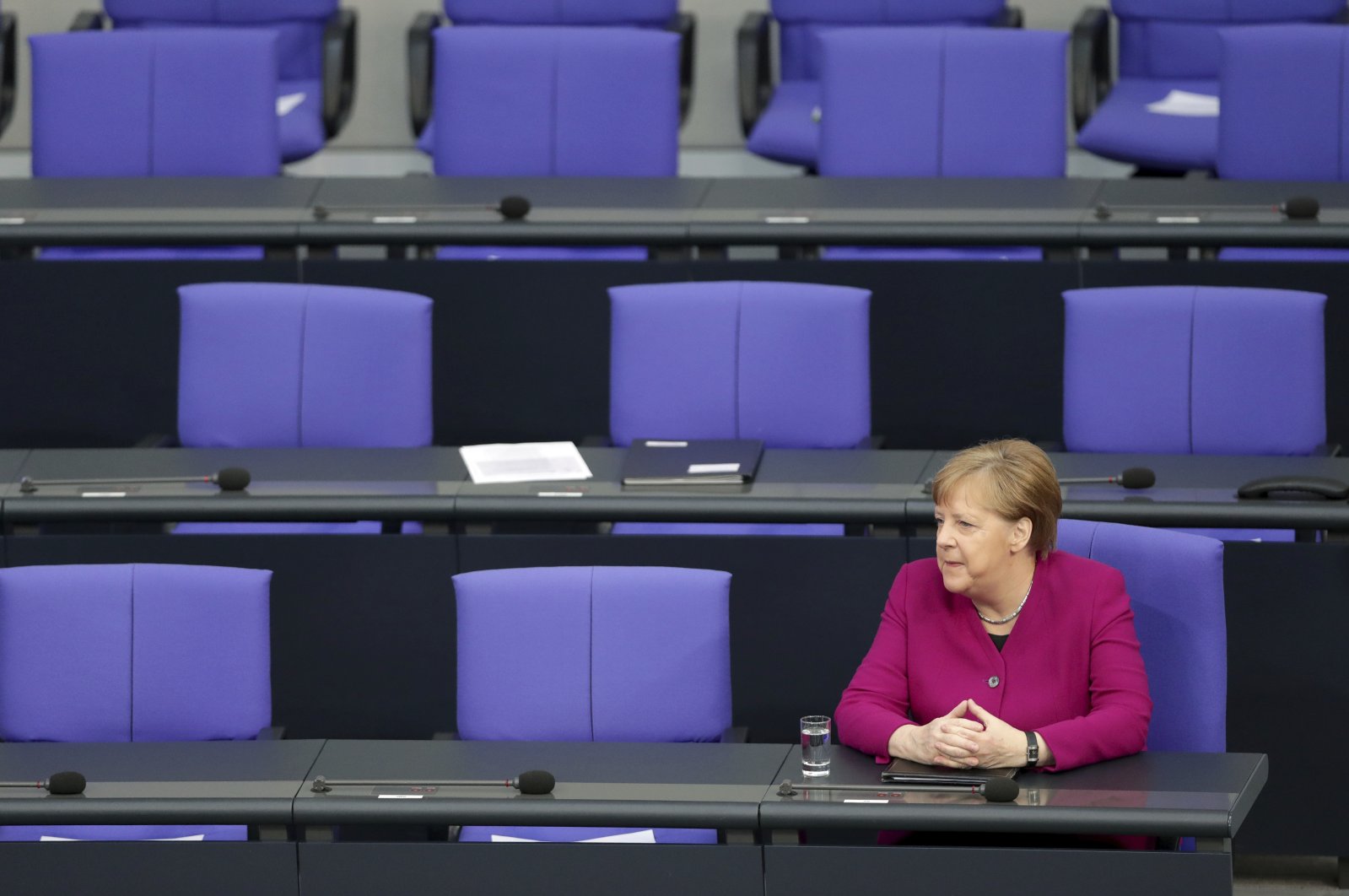 German Chancellor Angela Merkel attends a meeting of the German federal parliament, Bundestag, Berlin, Thursday, April 23, 2020. (AP Photo)