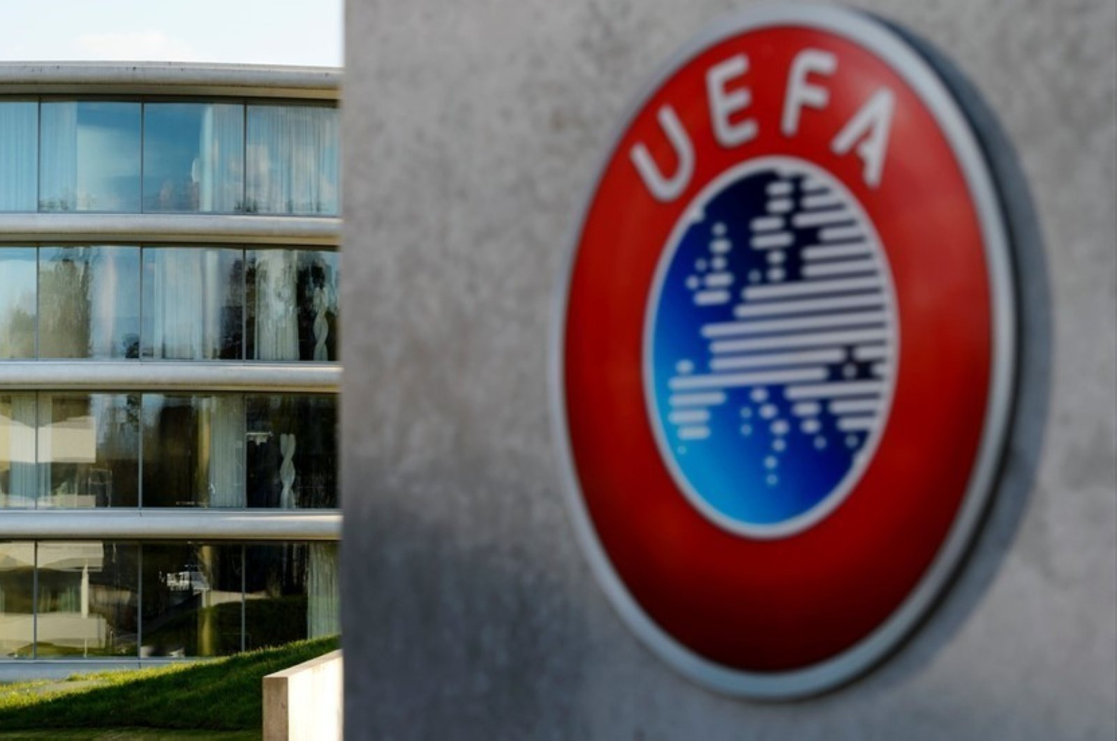 The UEFA logo at the soccer body's headquarters in Nyon, Switzerland. (AA Photo)