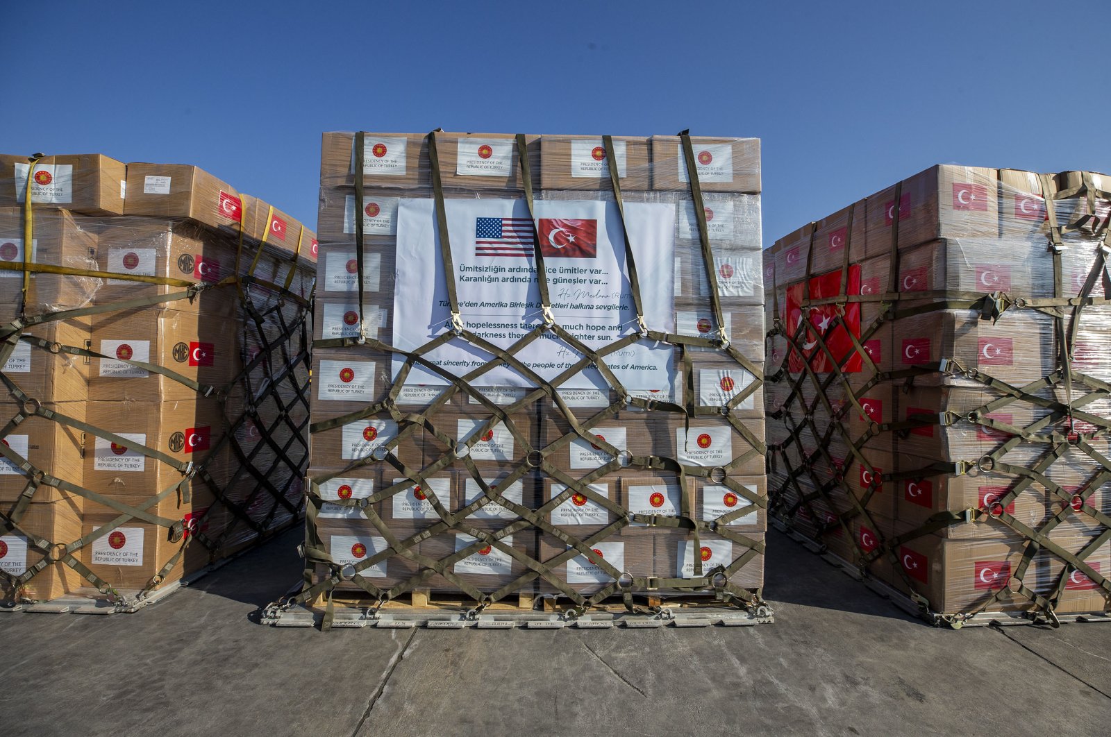 Boxes of medical supplies are seen at the Etimesgut Military Airport in the Turkish capital Ankara on April 28, 2020 (AA Photo)