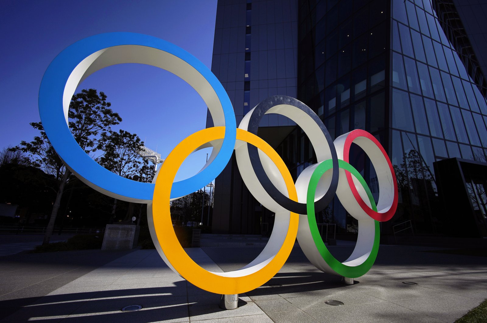 The Olympic Rings monument in front of the Japan Olympic Committee headquarters in Tokyo, Japan, Tuesday, March 24, 2020. (EPA Photo) 