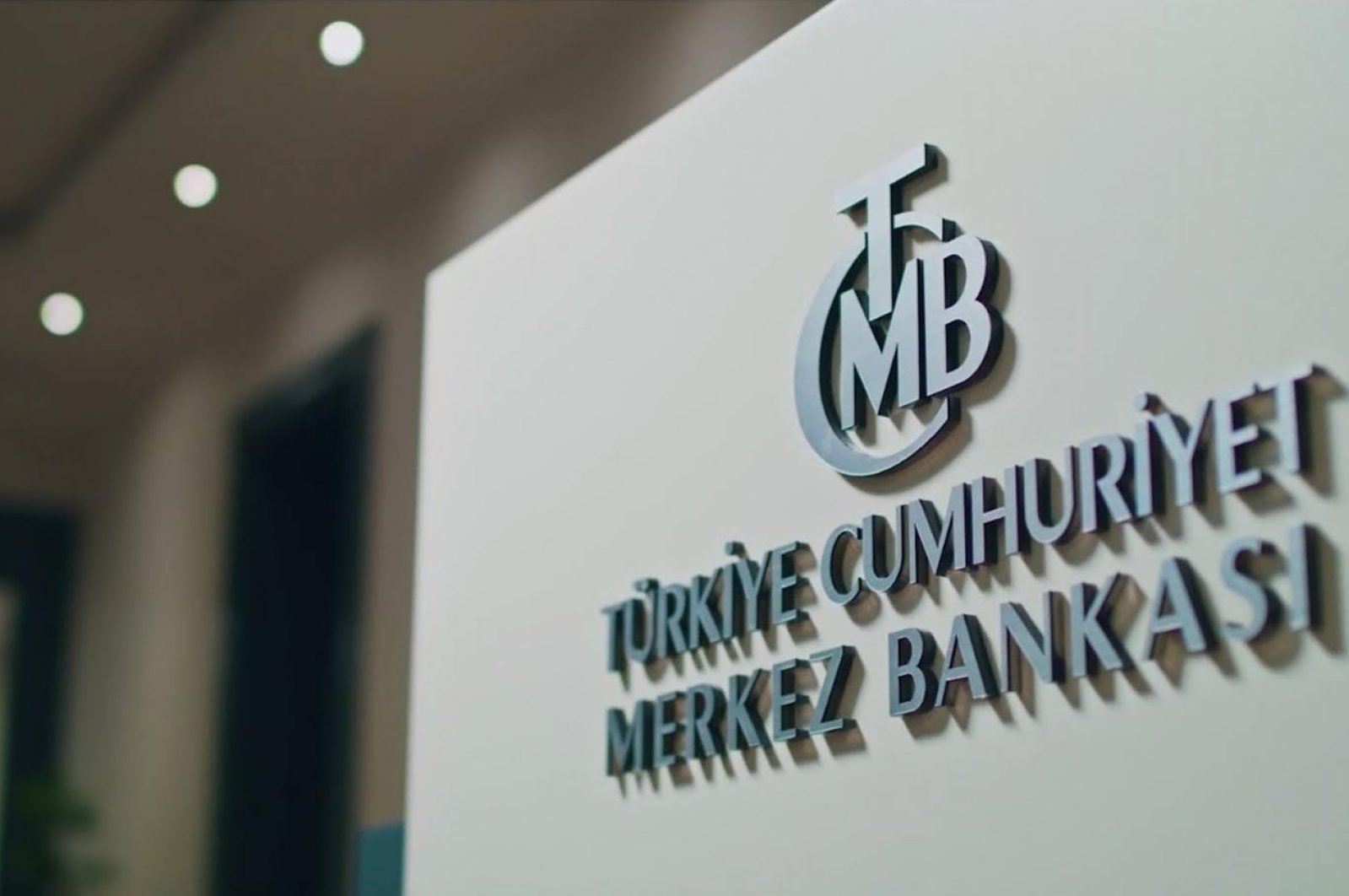 The logo of the Central Bank of the Republic of Turkey (CBRT) inside its headquarters.