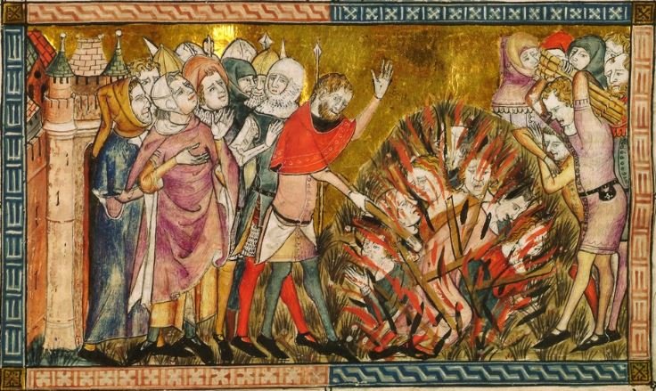 In this 14th century manuscript by the French chronicler Gilles li Muisis, residents of a town stricken by the plague burn Jews, who were blamed for causing the disease. (via WIKIMEDIA COMMONS)