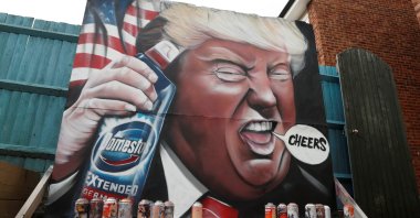 A mural of U.S. President Donald Trump holding a bottle of Domestos is seen in the garden of Dave Nash of Gnasher Murals following the coronavirus outbreak, Royston, Britain, April 27, 2020. (Reuters Photo)