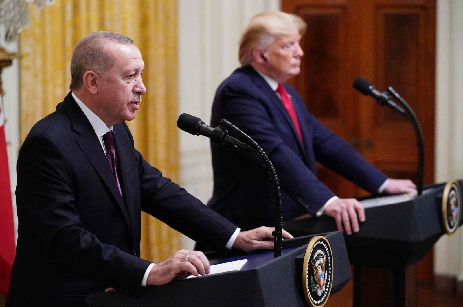 President Recep Tayyip Erdogan and Donald Trump take part in a joint news conference in the East Room of the White House in Washington, D.C., Nov. 13, 2019. (AFP Photo)