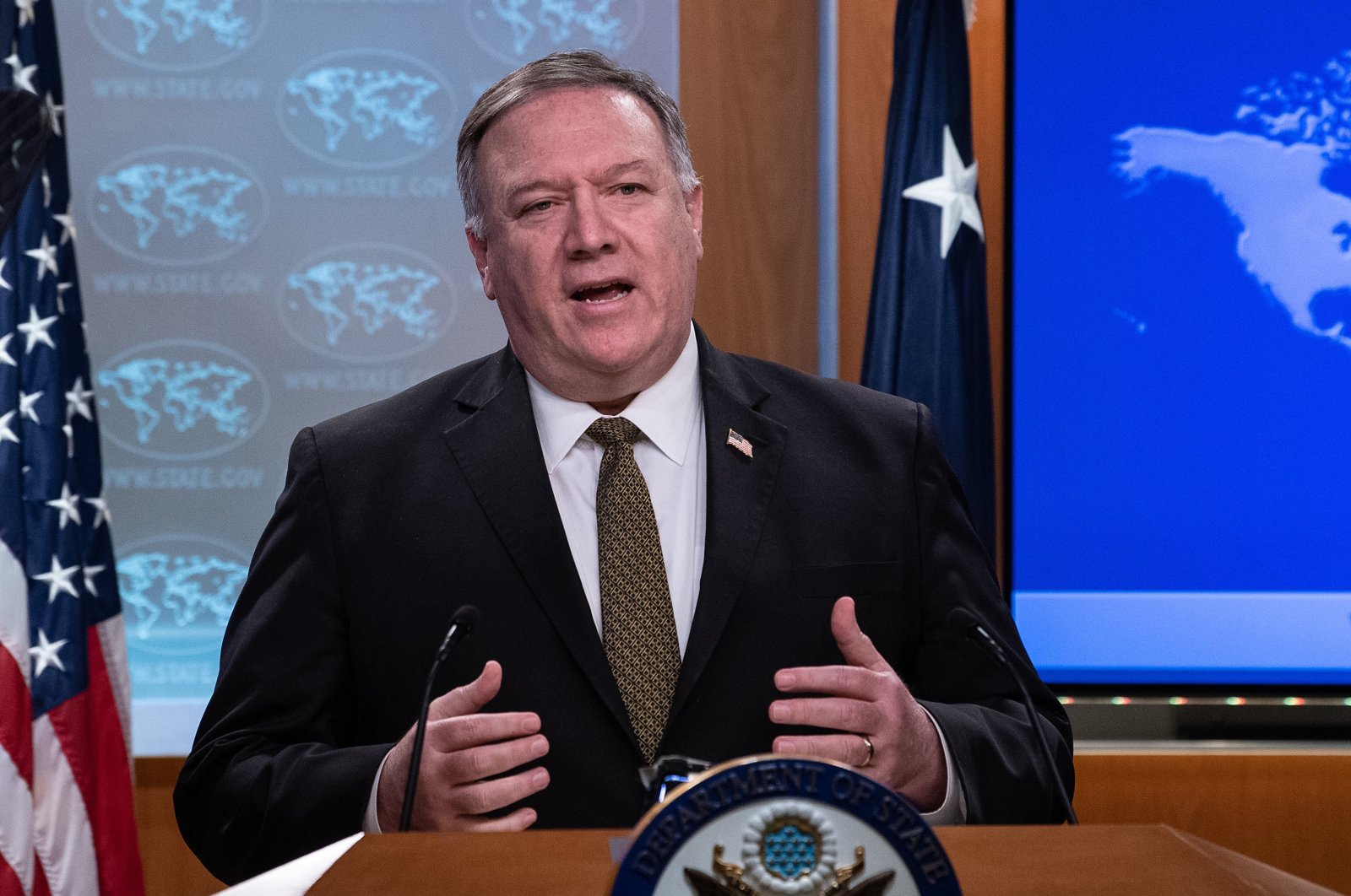 Secretary of State Mike Pompeo speaks during a press briefing at the State Department on Wednesday, April 22, 2020, in Washington. (AP Photo)