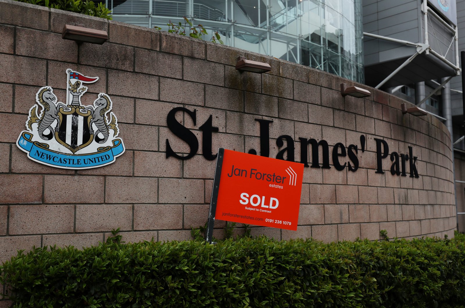 A "sold" sign is seen in front of Newcastle United's St. James' Park stadium, Newcastle, Britain, April 26, 2020. (Reuters Photo)