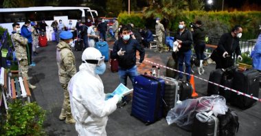 A group of 291 Turkish citizens repatriated from Qatar are placed in a student dormitory where they will spend their 14-day quarantine, in Manisa, western Turkey, on April 27, 2020. (AA Photo).