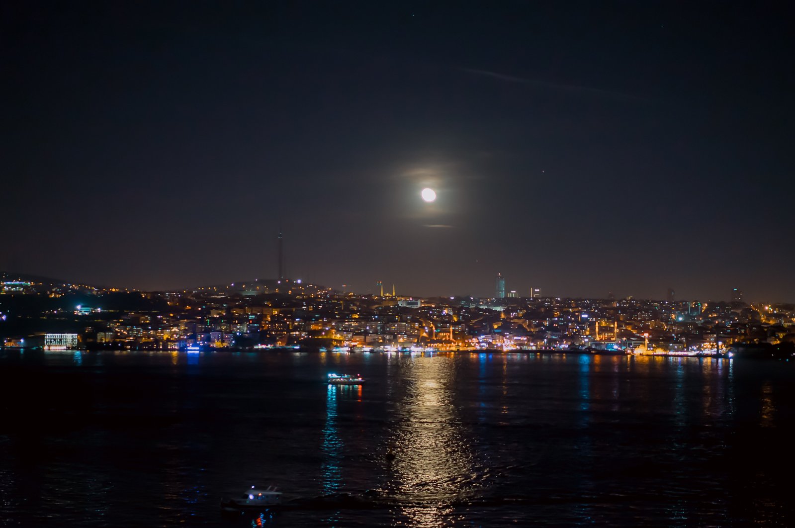 The moon creates a beautiful sea sparkle on the waters of the Bosporus along the coasts of Istanbul. (iStock Photo)