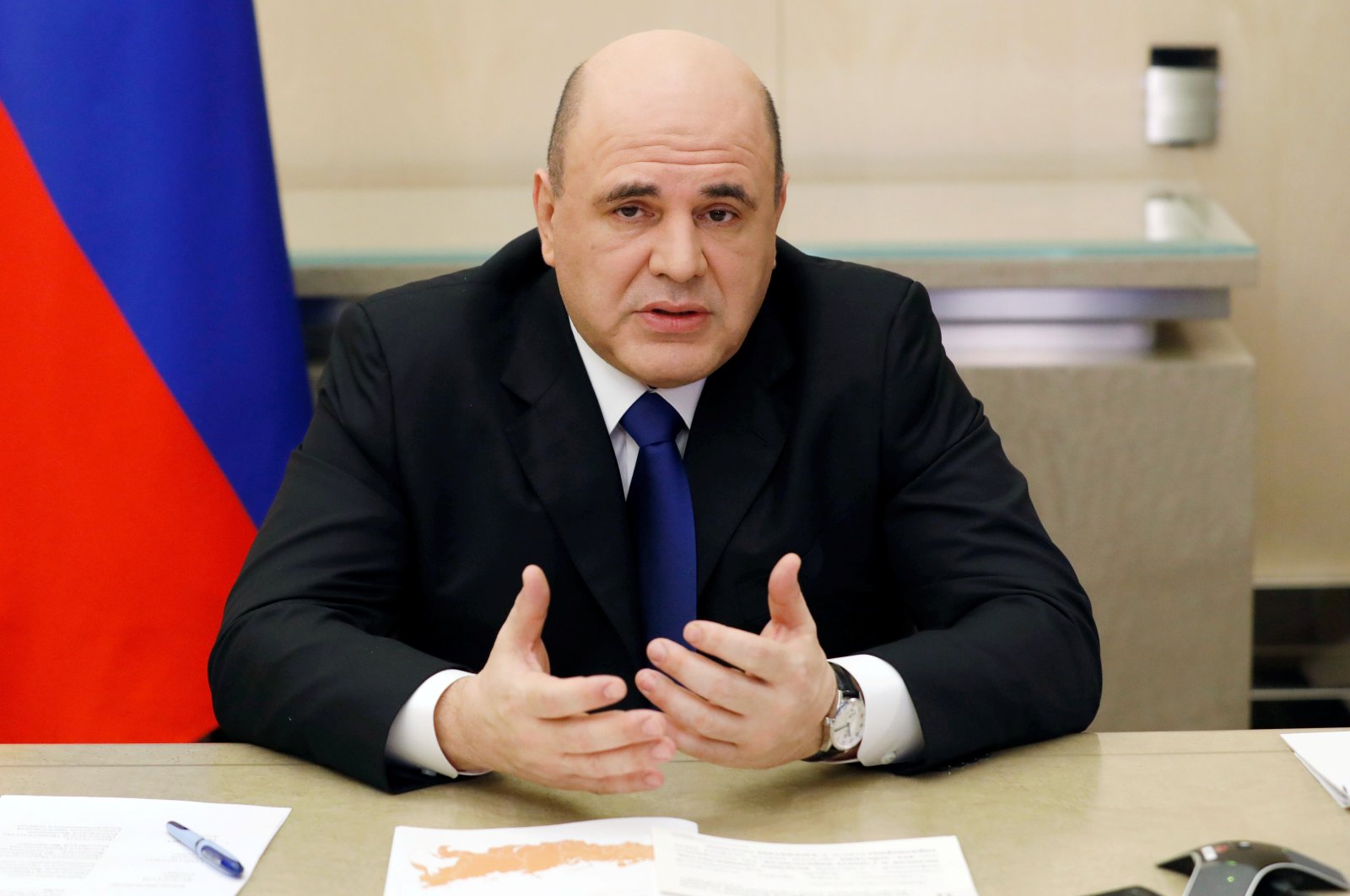 Russian Prime Minister Mikhail Mishustin chairs a meeting on measures to prevent the spread of the coronavirus disease (COVID-19) via video link in Moscow, Russia April 8, 2020. (Reuters Photo)