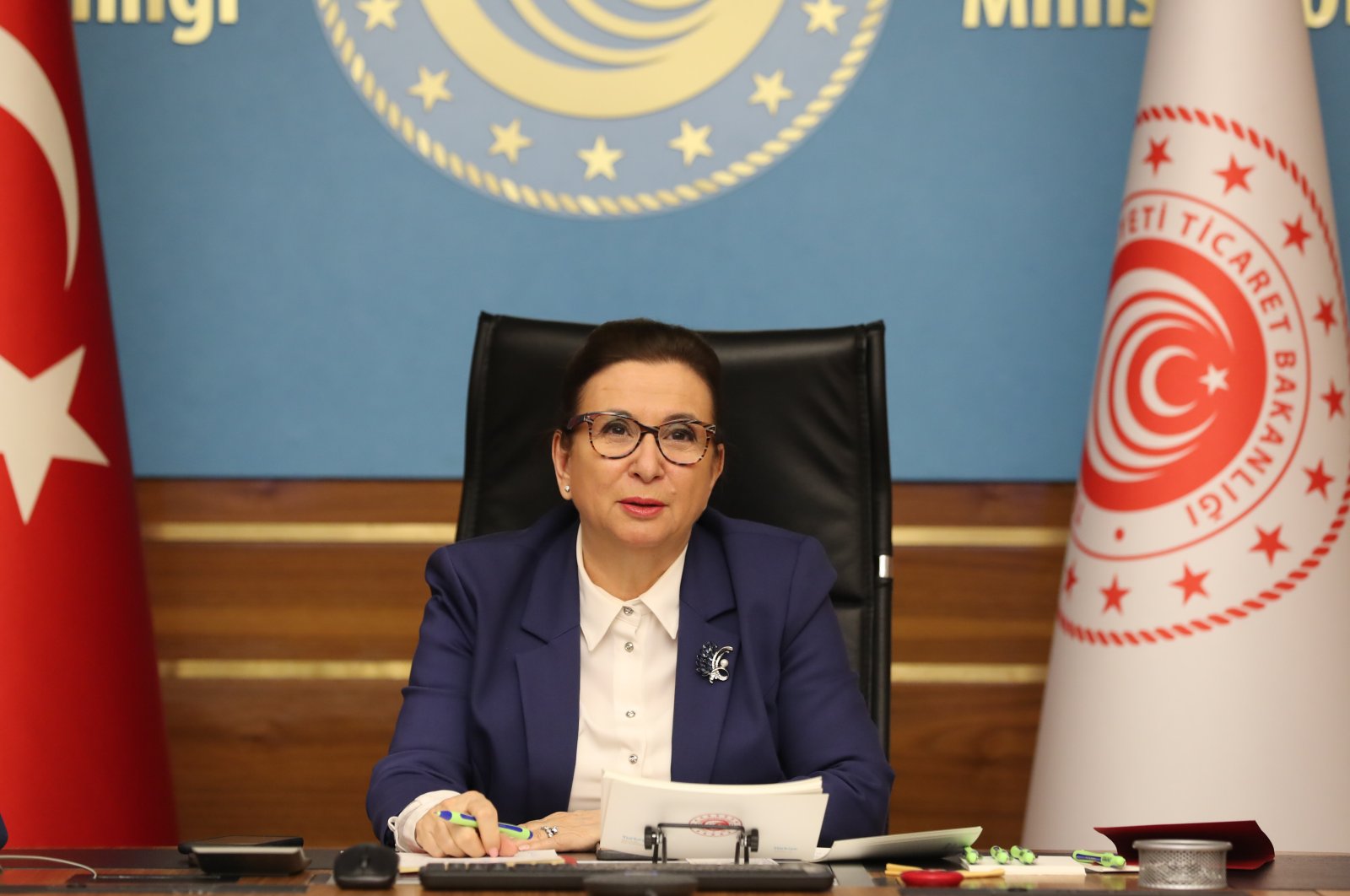 Trade Minister Ruhsar Pekcan speaks during the virtual meeting held with the Union of Chambers and Commodity Exchanges of Turkey, Friday, May 1, 2020. (AA Photo)