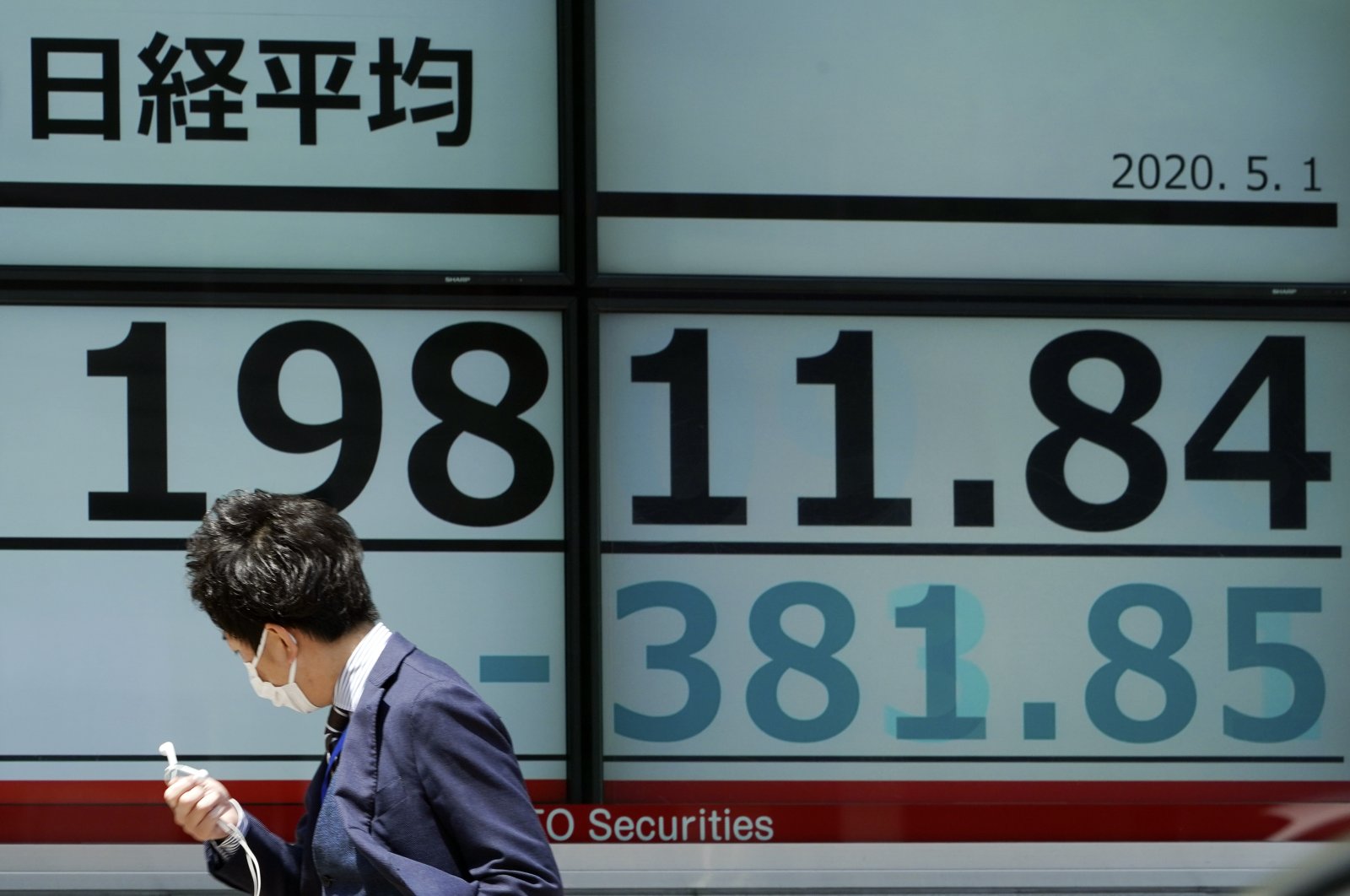 A man walks past an electronic stock board showing Japan's Nikkei 225 index at a securities firm in Tokyo Friday, May 1, 2020.(AP Photo)