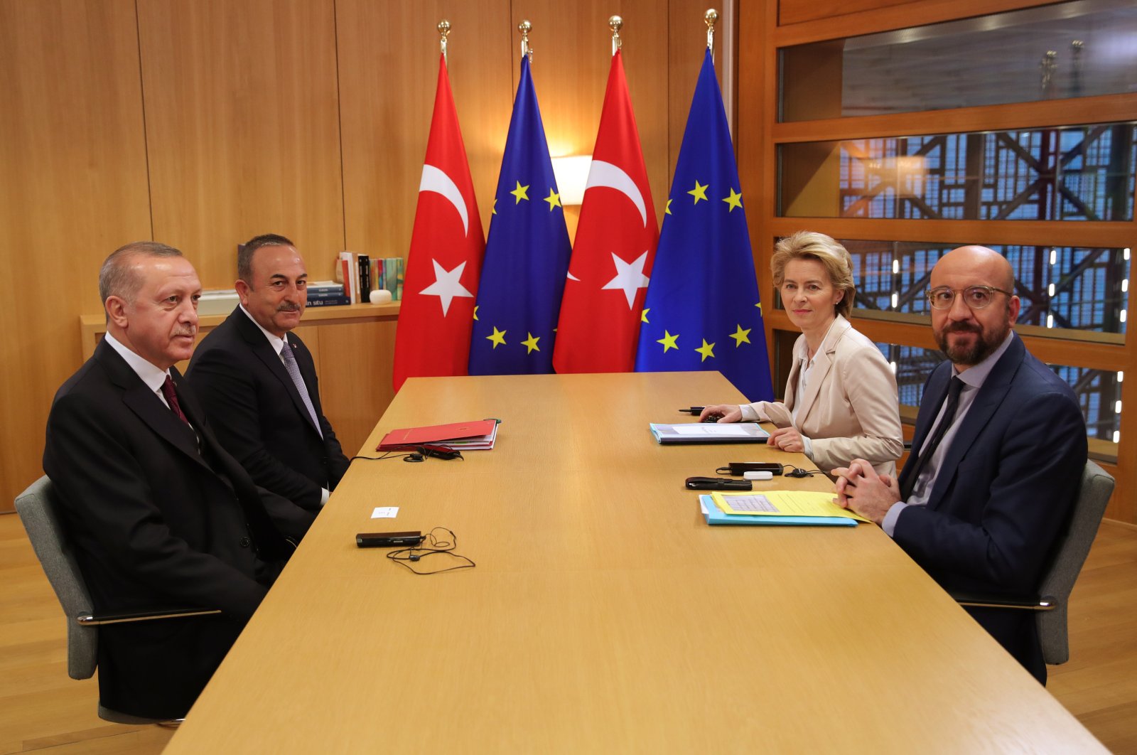 President Recep Tayyip Erdoğan (left) and Foreign Minister Mevlüt Çavuşoğlu (second left) at a meeting with Ursula von der Leyen (second right) and Charles Michel, President of European Council (right), Monday, March 9, 2020. (AA Photo) 