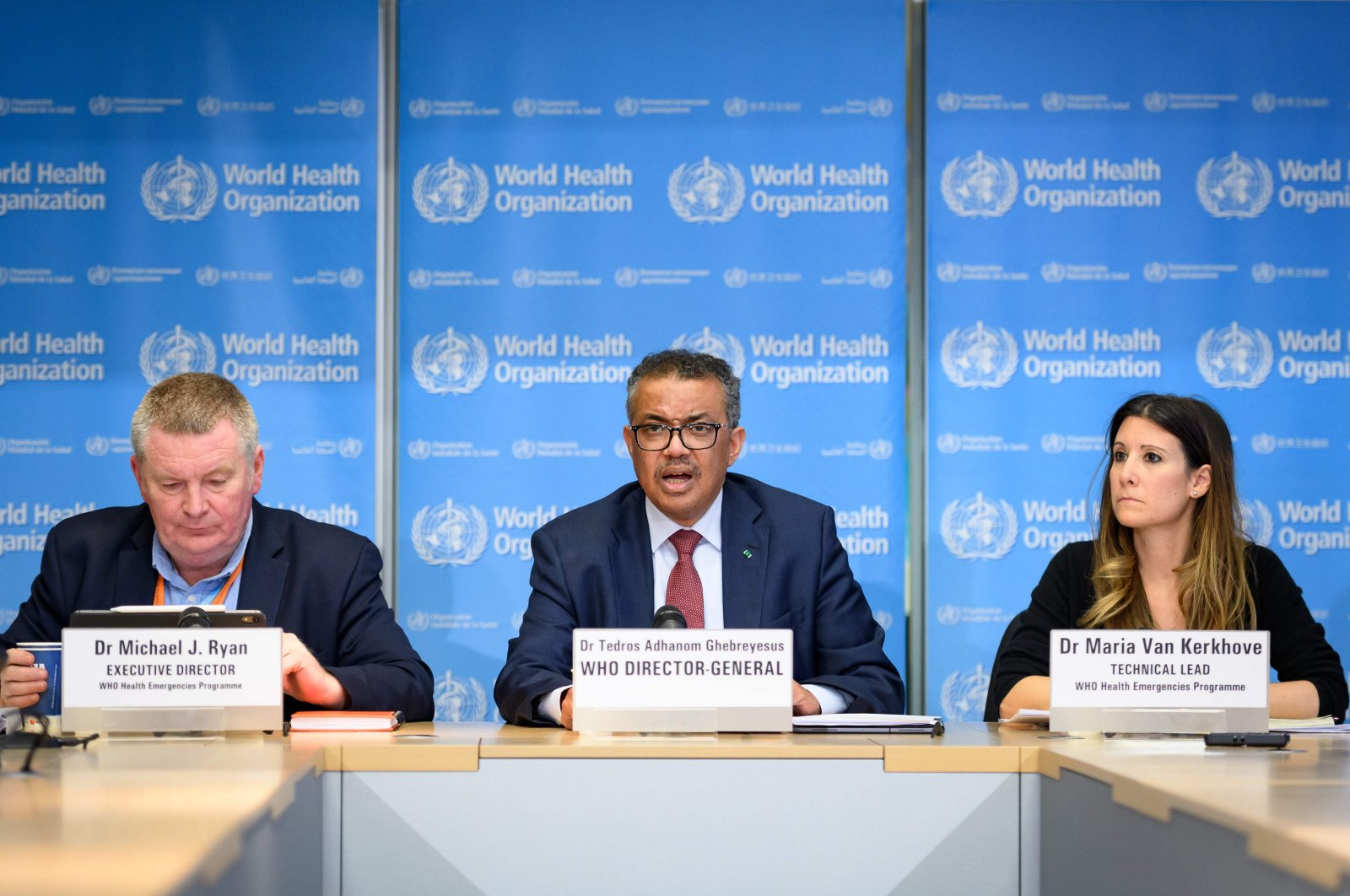 (From L) World Health Organization (WHO) Health Emergencies Program Director Michael Ryan, WHO Director-General Tedros Adhanom Ghebreyesus and WHO Technical Lead Maria Van Kerkhove attend a daily press briefing on COVID-19 at the WHO headquaters in Geneva on March 6, 2020. (AFP Photo)