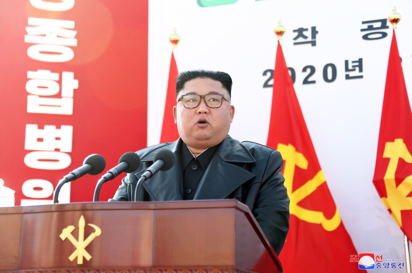 A photo released by the official North Korean Central News Agency (KCNA) shows shows North Korean leader Kim Jong-un delivering a speech on the occasion of the 75th founding anniversary, at the ground-breaking ceremony of for the construction of the Pyongynag Hospital, 17 March 2020 (issued 01 May 2020). (EPA Photo)