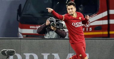 Roma's Cengiz Ünder celebrates after scoring the 1-0 lead during the Italian Serie A football match between AS Roma and US Lecce at the Olimpico stadium in Rome, Italy, Feb. 23, 2020. (EPA Photo)