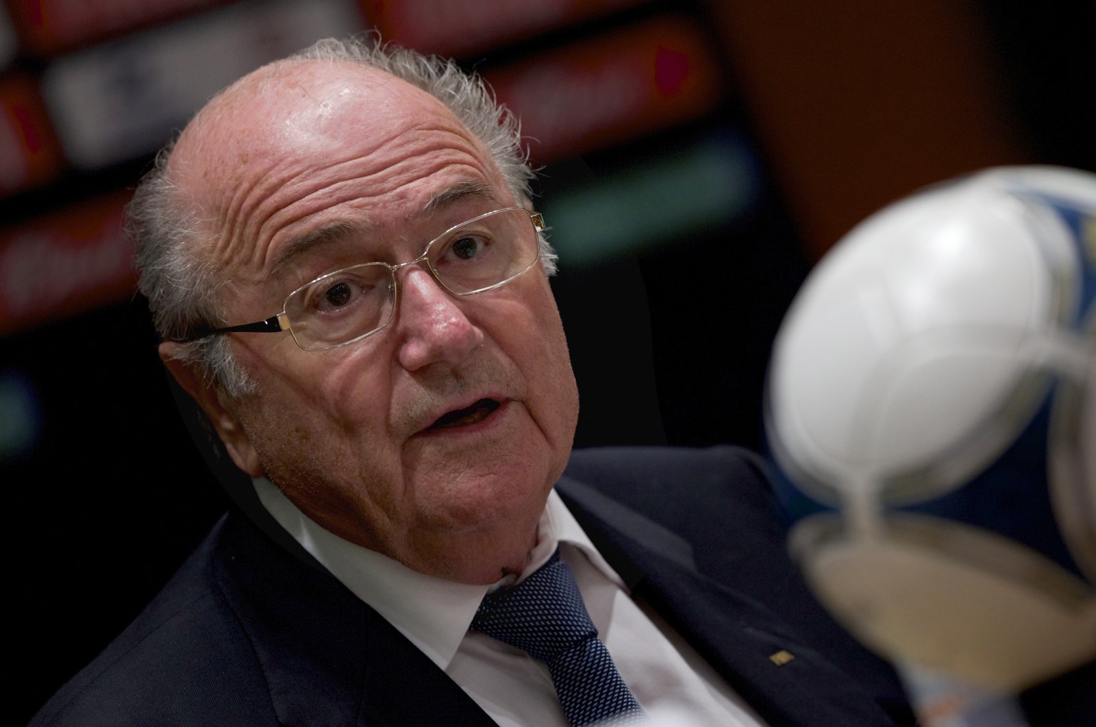Former FIFA president Sepp Blatter speaks during a conference in Moscow, Russia, Sept. 30, 2012. (AP Photo)