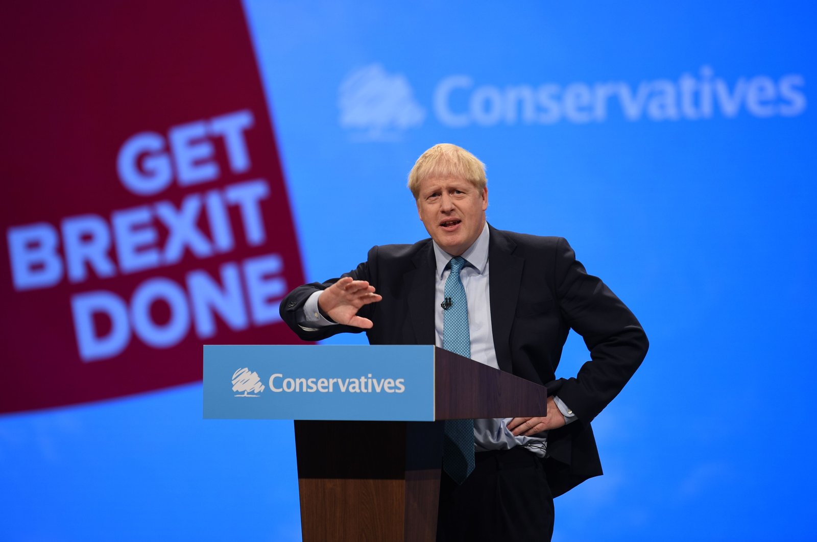 Britain's Prime Minister Boris Johnson delivers his keynote speech to delegates on the final day of the annual Conservative Party conference at the Manchester Central convention complex, Manchester, Oct. 2, 2019. (AFP Photo)