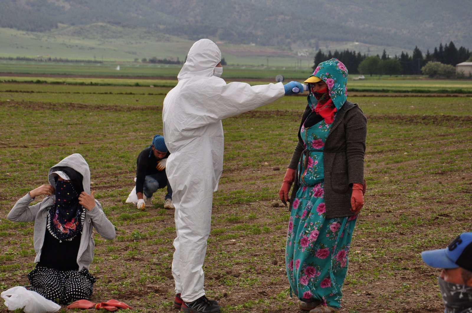 A health worker measures the temperature of seasonal workers in southeastern Gaziantep province, Turkey, April 30, 2020. (DHA Photo)
